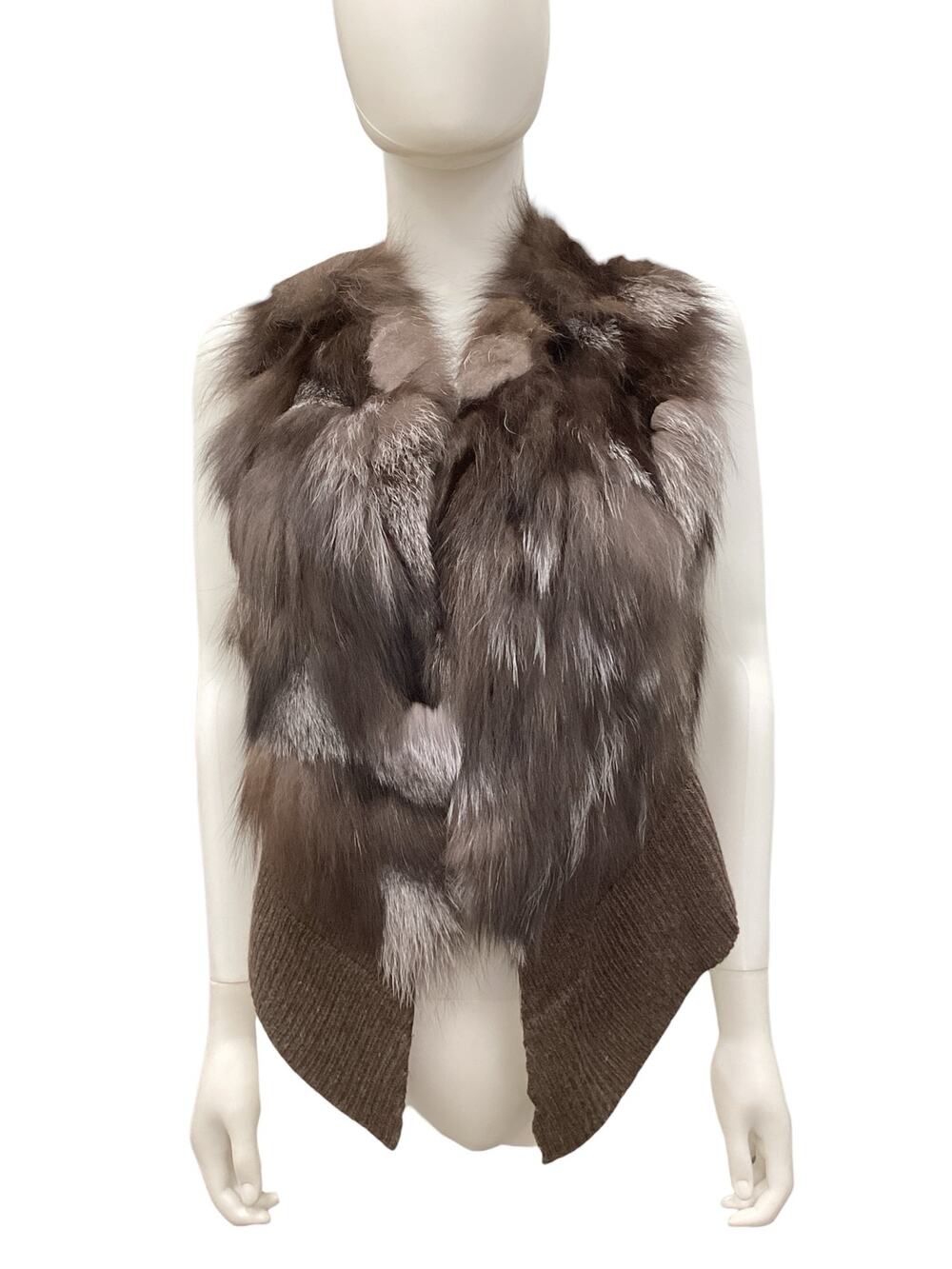 Adrienne Landau Vest Women’s SZ M GenuineFoxFur& Knit Wool Blend Dark Brown&Gray